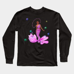 Coco the Magical rainbow mermaid with brown eyes, flowing Afro hair and caramel brown skin Long Sleeve T-Shirt